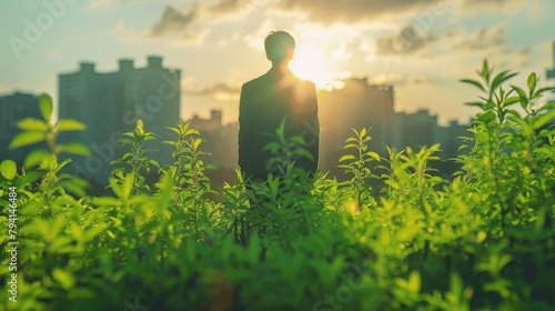 A man standing in a lush green field at sunset.