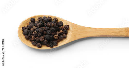 Aromatic spice. Many black peppercorns in spoon isolated on white, top view