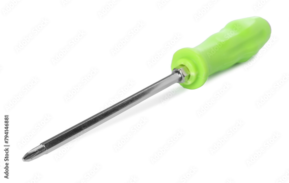 One screwdriver with green handle isolated on white One screwdriver with green handle isolated on white