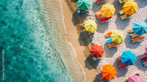 Aerial view of a sunlit beach with colorful umbrellas and azure waves