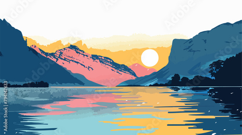 Annecy lake in French Alps at sunrise. Hand drawn style