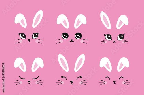 Vector illustration of cute bunny, rabbit, hare. Cutie animal portrait in pastel colors. Stickers, wall art, kids room decoration, easter decor, print, design