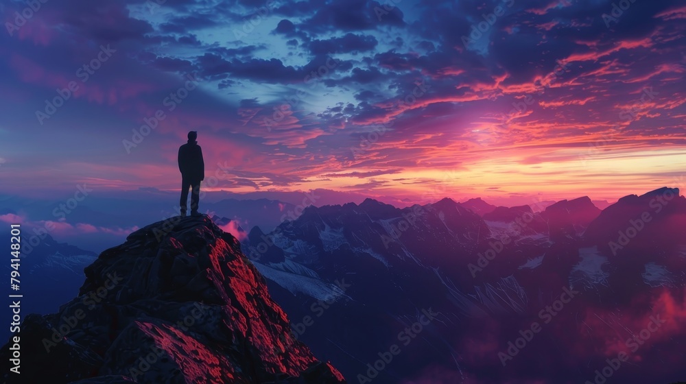 A man standing on a mountaintop overlooking a beautiful sunset.