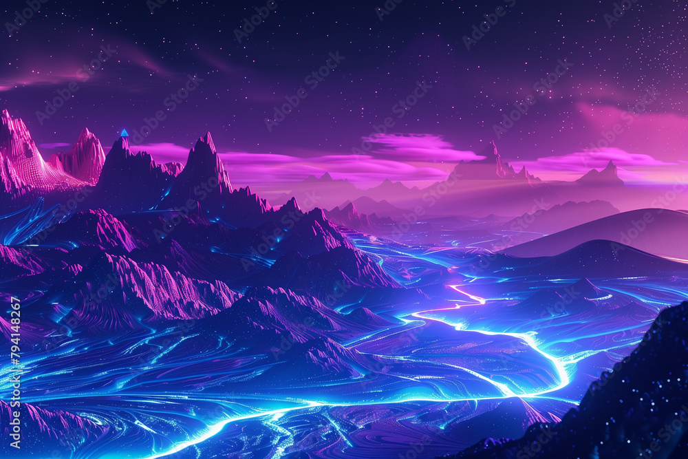 Futuristic neon landscape with mountains and starry sky for sci-fi backgrounds.