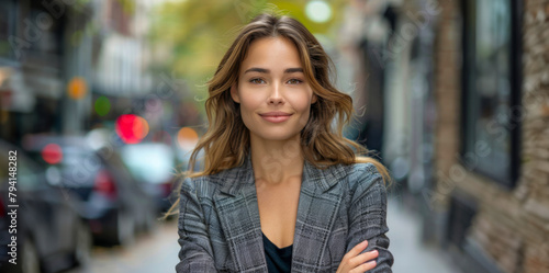 Smiling young woman walking confidently in urban setting