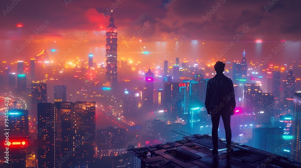 A man standing on a rooftop overlooking a futuristic city. The city is full of skyscrapers and neon lights. The sky is dark and cloudy.
