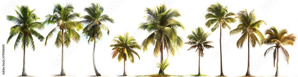 A set of coconut palm trees isolated on a white background, perfect for use in tropical-themed designs and vacation-related imagery. A set of coconut palm trees isolated on a white background, perfect for use in tropical-themed designs and vacation-related imagery.