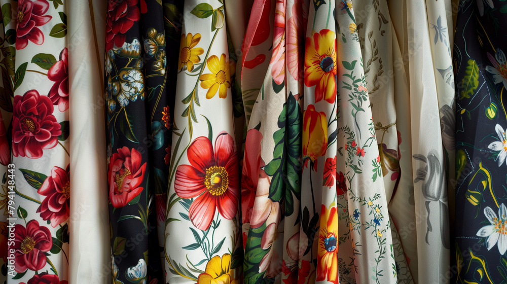 Variety of Floral-Patterned Fabrics Display Variety of Floral-Patterned Fabrics Display