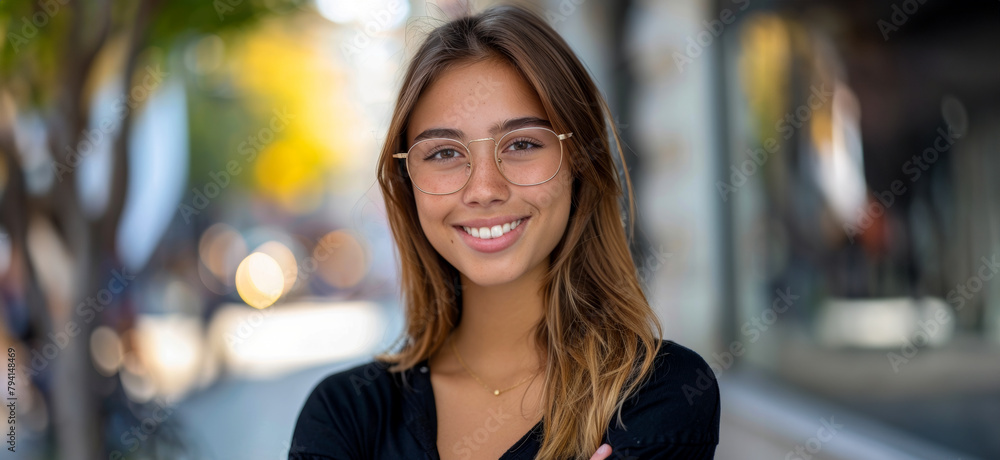 Fototapeta premium Smiling young woman walking confidently in urban setting
