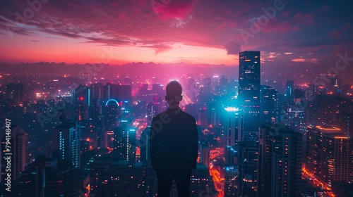A man standing on a rooftop overlooking a cyberpunk city.