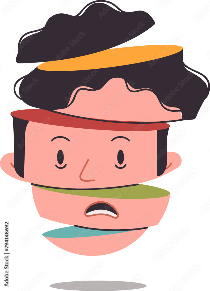 Head is man with personality disorder and psychological problems, with face divided into parts. Problem of schizophrenia caused by mental disorder and unwillingness to see psychotherapist Head is man with personality disorder and psychological problems, with face divided into parts. Problem of schizophrenia caused by mental disorder and unwillingness to see psychotherapist