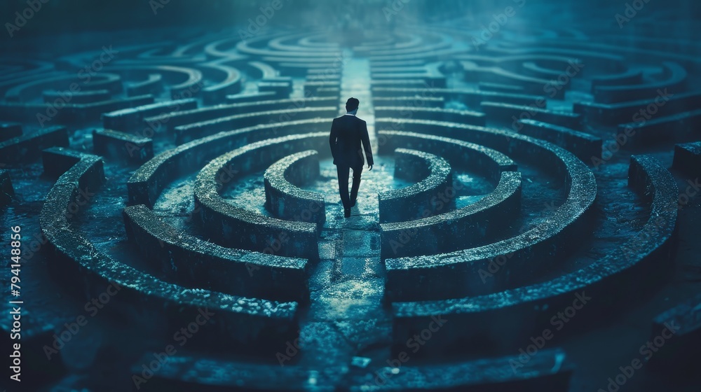 A man walking through a dark and mysterious maze. A man walking through a dark and mysterious maze.