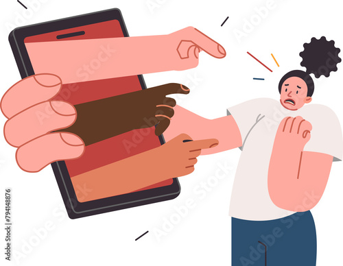 Problem cyber shaming and trolling of internet users over woman holding big phone with hands haters. People from social networks engage in shaming against girl needs protection from discrimination