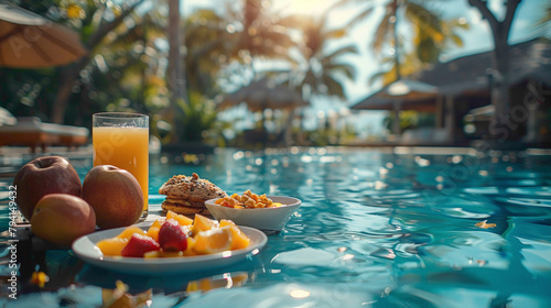 Breakfast in swimming pool, floating breakfast in luxurious tropical resort, Table relaxing on calm pool water, healthy breakfast and fruit plate by resort pool, Tropical couple beach luxury lifestyle