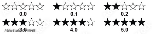 Product rating or customer review with Black stars and half star flat vector icons, Set of stars
