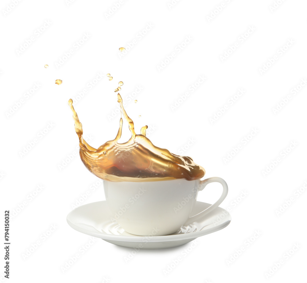 Cup with splashing coffee isolated on white - obrazy, fototapety, plakaty 