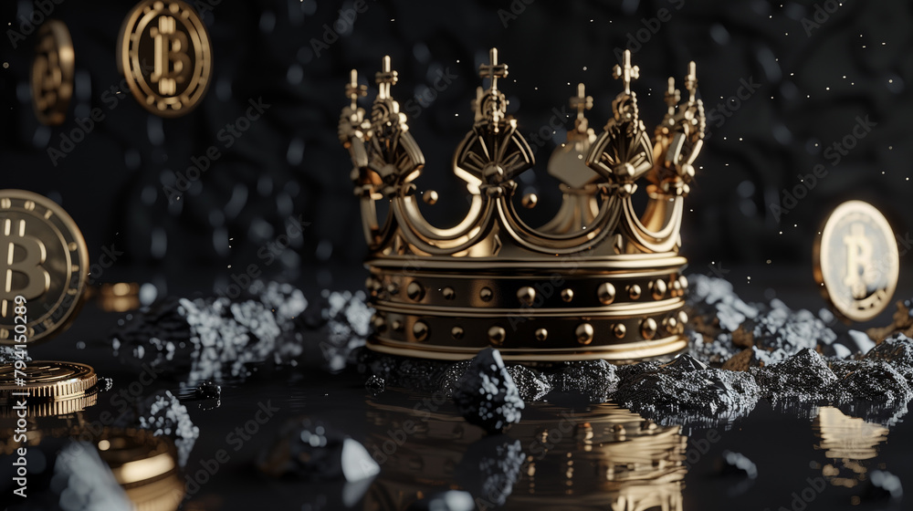 Gold crown with Bitcoin symbols exemplifies wealth and cryptocurrency power.