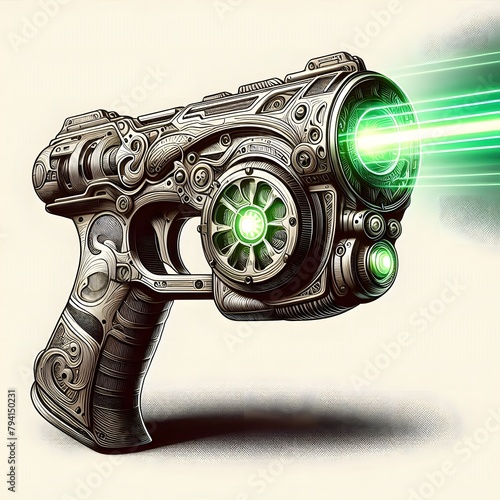 A Detailed Hand-Held Steampunk Style Energy Blaster Glowing with Bright Green Light