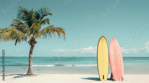 Two surfboards lean on a palm tree on a tranquil beach with clear skies © Michael