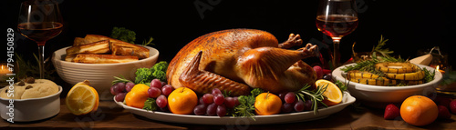 Traditional Thanksgiving dinner table with a goldenroasted turkey centerpiece, surrounded by festive decorations and seasonal dishes photo