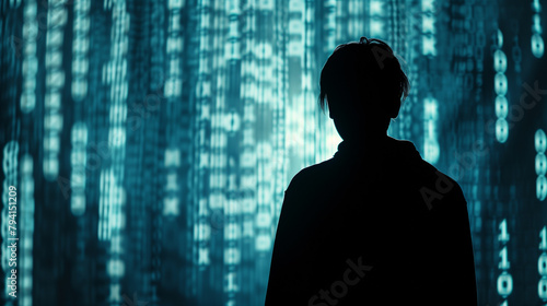 Silhouette against digital binary code, ideal for technology and cyber security concepts.