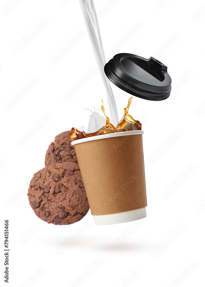Pouring fresh milk into cup of coffee and chocolate chip cookies in air on white background - obrazy, fototapety, plakaty 