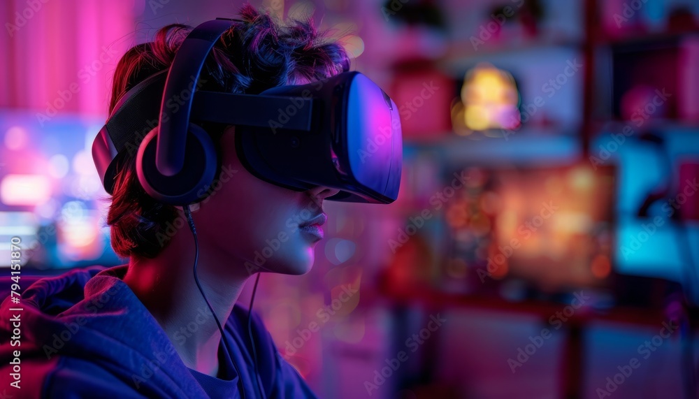 Teenage gamer wearing VR headset playing game in virtual reality. Teenage gamer wearing VR headset playing game in virtual reality.