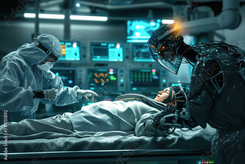 Surgeon is using high precision programmable automated humanoid robot arms to operate on patient in hospital that uses high technology AI Generative
