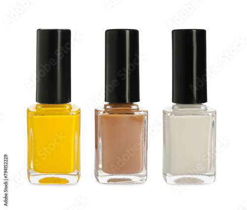 Nail polishes of different colors isolated on white, collection