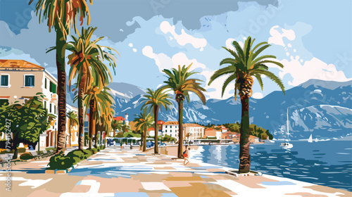 Beautiful sea promenade with palms in Tivat Montenegr photo