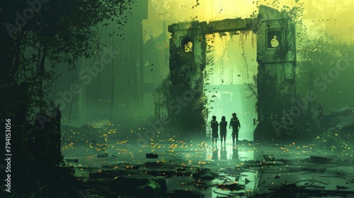 a group of people walking in a ruined building