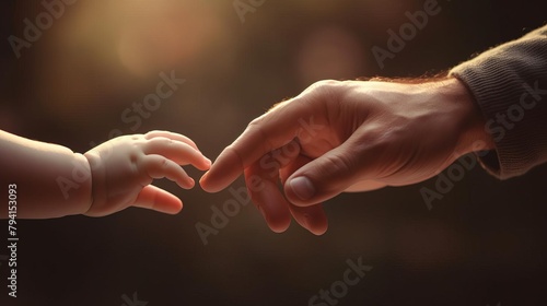 Heartwarming image of a baby hand and parent hand interaction, highlighted with a clear focus for use in parenting advertisements