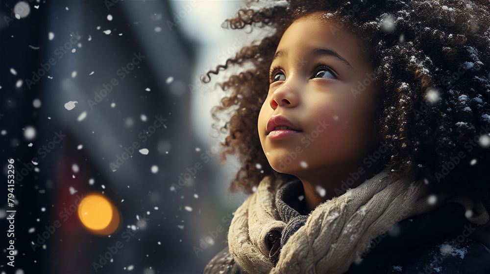 Amazed girl looking at snowfall. Cute little child in winter weather. Christmas holiday. Concepts of childhood, happiness and cheer. Amazed girl looking at snowfall. Cute little child in winter weather. Christmas holiday. Concepts of childhood, happiness and cheer.