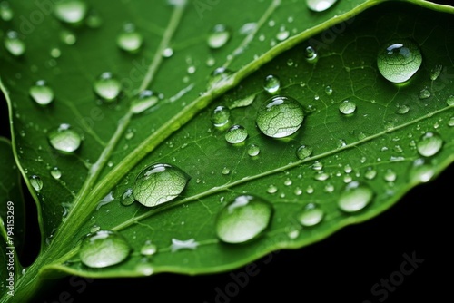 Raindrops on a leaf, up close.