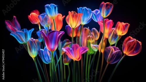 Tulips in neon light on a black background