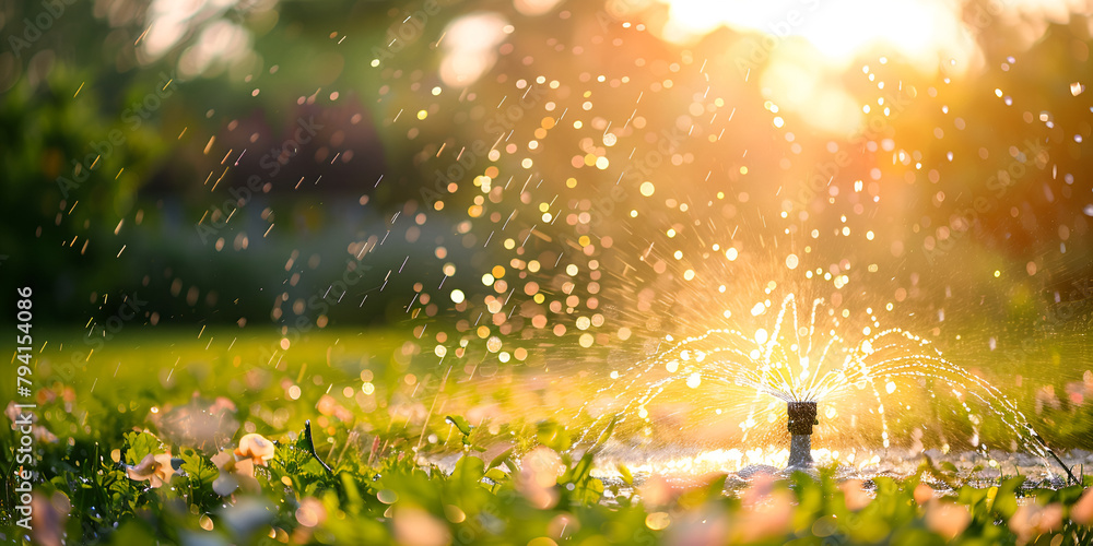 Green grass receives thorough watering from automatic sprinkler maintaining its vitality wth sunset background