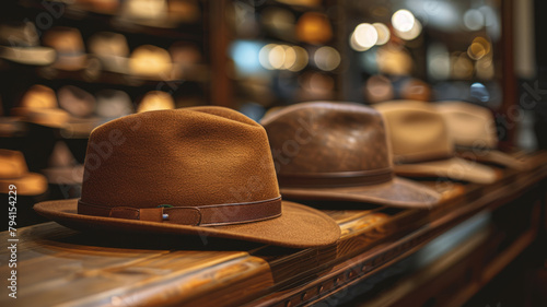 Hats on display in a store.