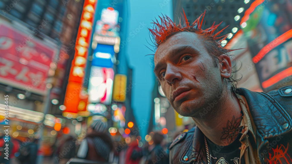 Obraz premium Man with mohawk in neon-lit city