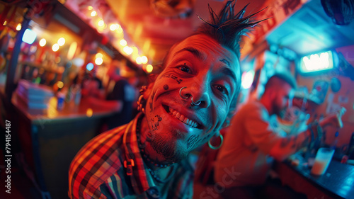 Man with tattoos smiling in a bar photo