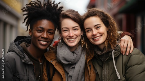 Three women are smiling and hugging each other on a street