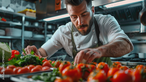 Chef cook preparing vegetables in his kitchen