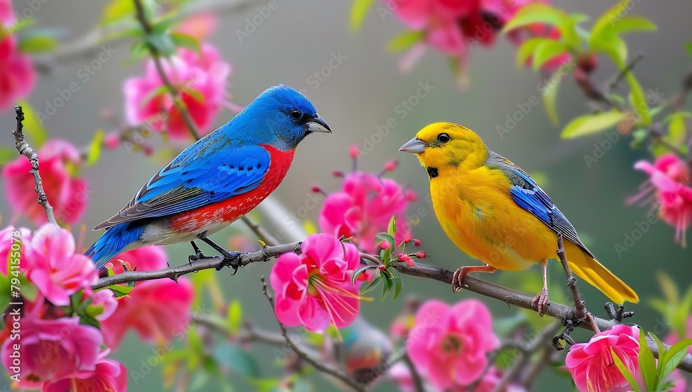 Two colorful birds on a cherry blossom branch, with a pink background. A yellow and blue bird amidst pink flowers