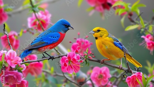 Two colorful birds on a cherry blossom branch, with a pink background. A yellow and blue bird amidst pink flowers © MIX  STOCK  IMAGE