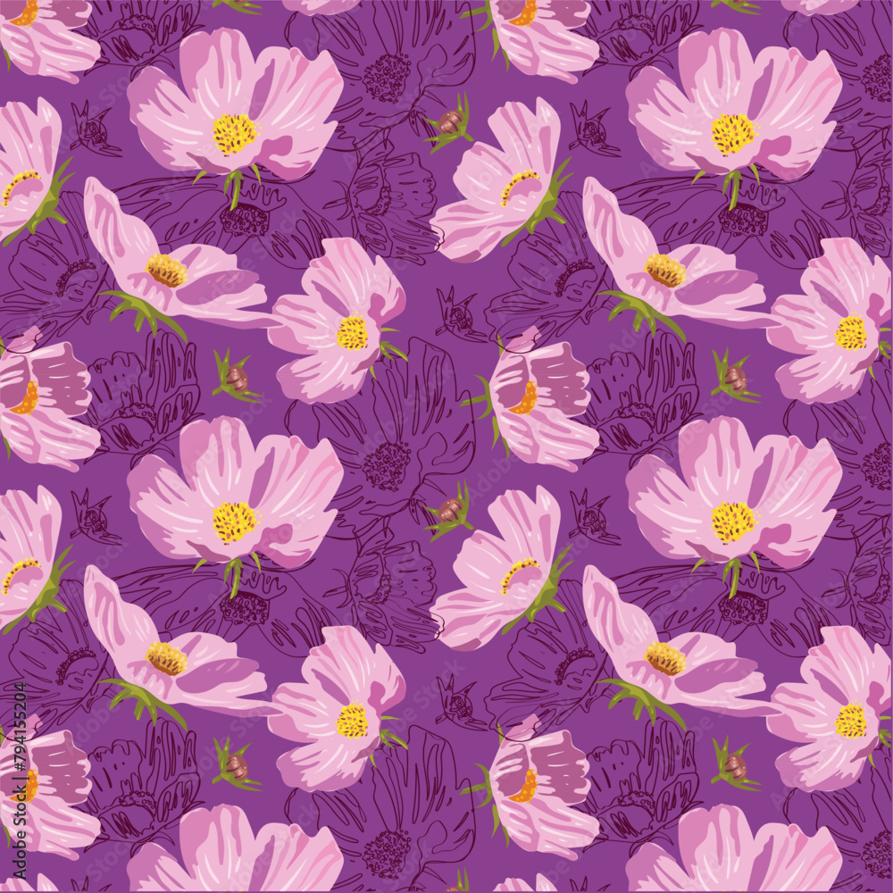 Pink cosmic flowers blooming on a purple background. Floral seamless pattern with pink flowers. Vector background for fabric, wallpaper, decoration, textile, wrapping paper. Pink cosmic flowers blooming on a purple background. Floral seamless pattern with pink flowers. Vector background for fabric, wallpaper, decoration, textile, wrapping paper.