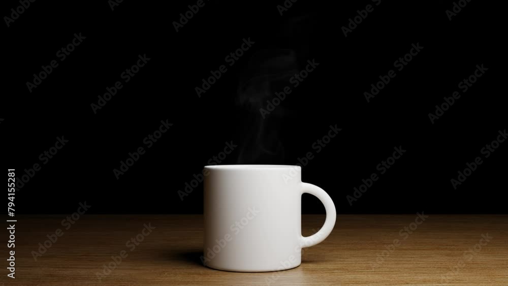 3d rendering white coffee cup with steam smoke on dark background. Hot coffee cup animation concept 3d rendering white coffee cup with steam smoke on dark background. Hot coffee cup animation concept