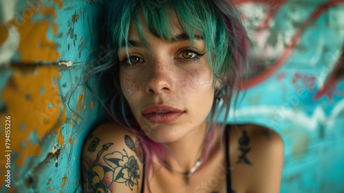 Young woman with tattoos and dyed hair.