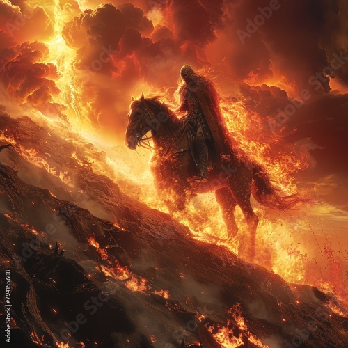 a man riding a horse on fire