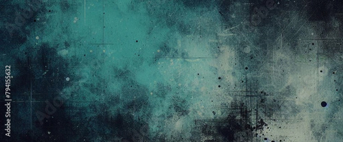 Dark turquoise art background. Large brush strokes. Acrylic paint in aquamarine or celadon colors. Abstract painting. Textured surface template for banner, poster. Narrow horizontal illustration	 photo
