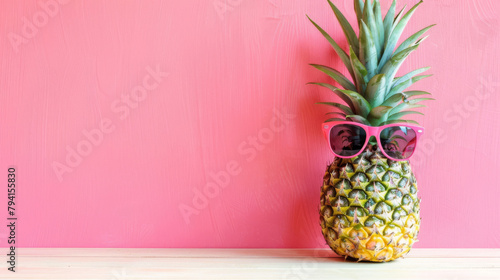 A quirky pineapple donning sunglasses, evoking summery vibes against a vibrant pink backdrop
