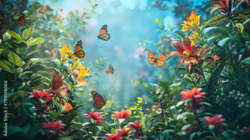 Lush floral background with vibrant butterflies in a serene summer garden